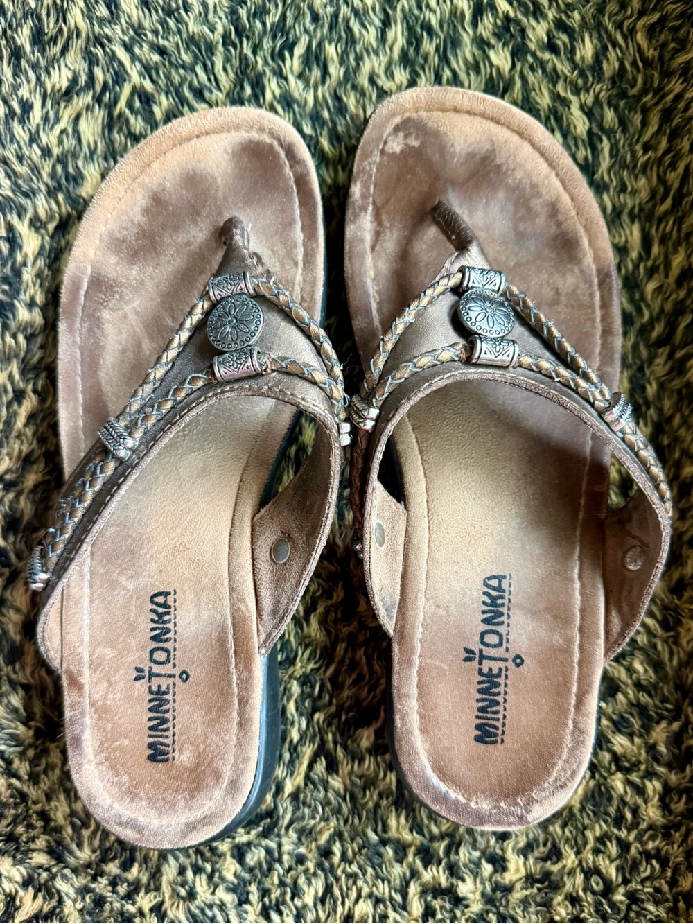 Minnetonka Tan Braided Suede Toe-Post Sandals with Silver Conchos